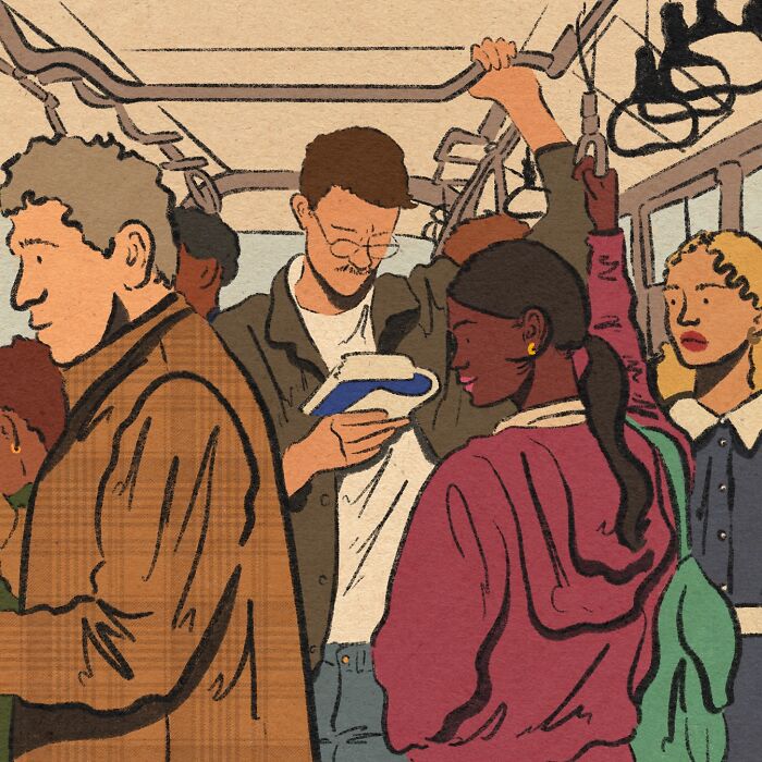 Cozy illustration of diverse people standing in a crowded train, capturing everyday life moments with warm tones and detail.