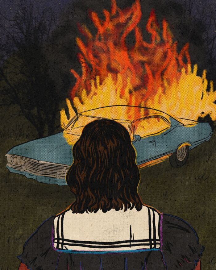 Person with long hair watching a cozy illustration of a blue car engulfed in flames at night, capturing everyday life.