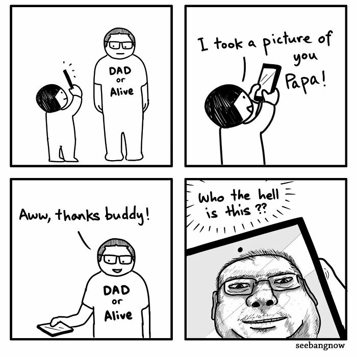 Comic strip featuring a child and dad with a humorous twist, illustrating hilariously relatable comics with absurd twists.