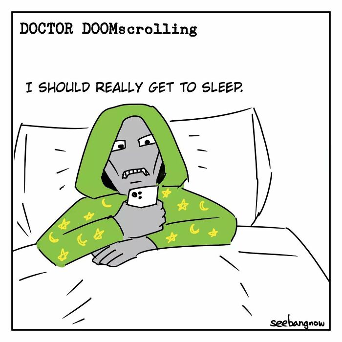 Comic of a character in green pajamas scrolling on a phone in bed, depicting hilariously relatable comics with absurd twists.