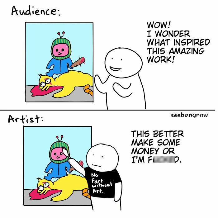 Comic strip showing absurd twists with a character critiquing art versus the artist’s blunt truth about money.