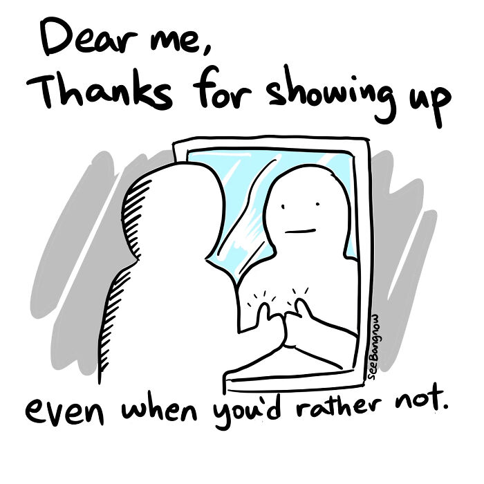 Hilariously relatable comic showing a person giving a thumbs up to their reflection with an absurd twist.