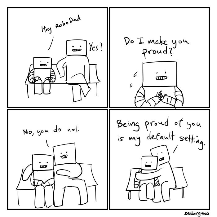 Black and white hilariously relatable comic featuring two robots with an absurd twist about pride and family.