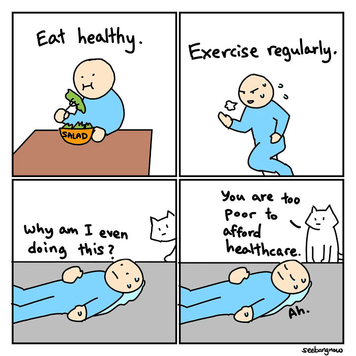 Comic depicting a person eating salad, exercising, and questioning health efforts with an absurd twist and a cat's comment.