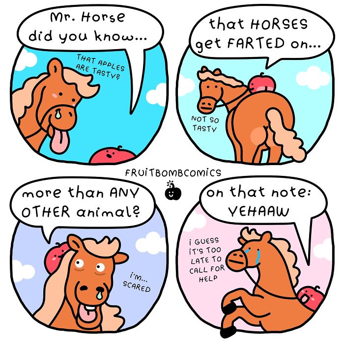 Comic strip of fruit and a horse humorously discussing that horses get farted on more than any other animal.