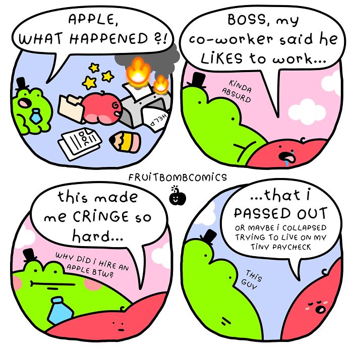 Colorful fruit comic panels by artist showing humorous office scenes with apple and pear characters in playful, fun-filled style.