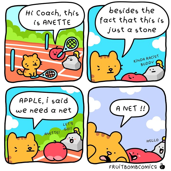Colorful fruit comics with humor featuring playful characters and witty dialogue about tennis nets on a running track.