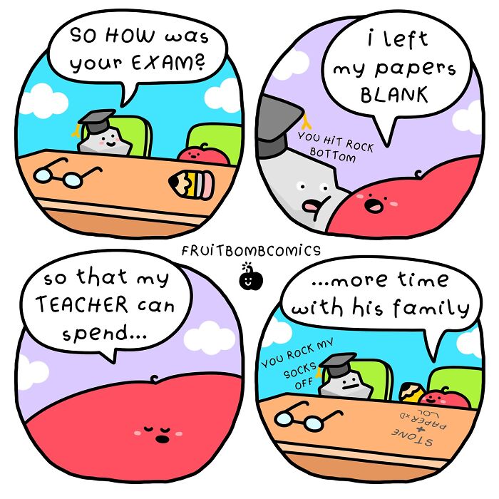 Funny fruit comic panels showing a character humorously discussing exam results with a teacher in a playful cartoon style.