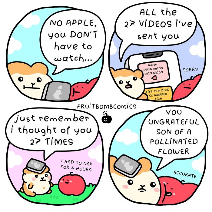 Colorful fruit comics featuring humorous dialogue between cute characters, showcasing fun-filled fruit humor in comic style.