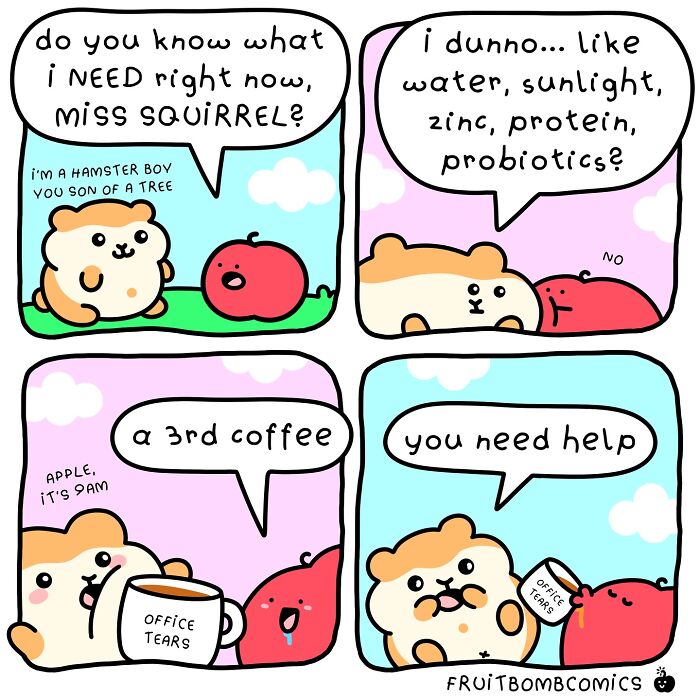 Cute fruit comics featuring a hamster and apple illustrating humor as a fun source of vitamins and daily needs.