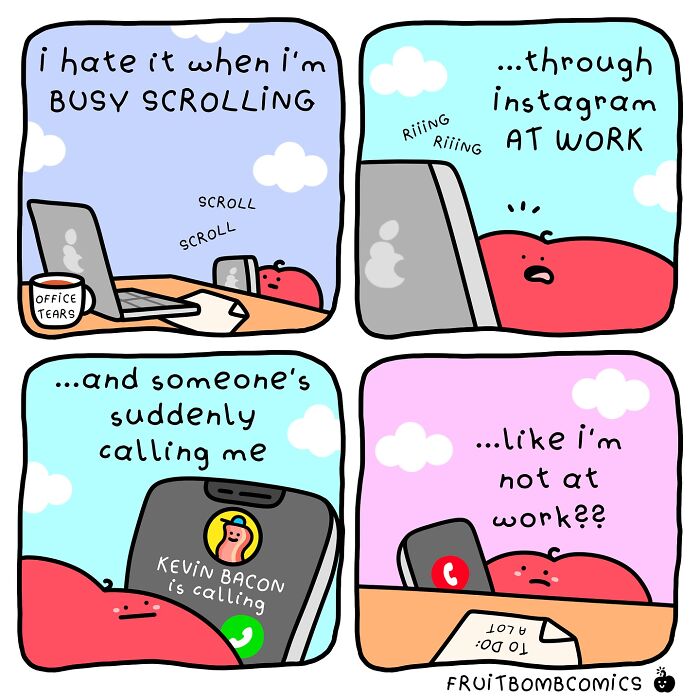 Fruit comics showing a humorous tomato at work, busy scrolling Instagram and annoyed by a phone call.