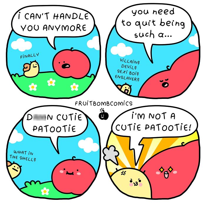 Colorful fruit comics featuring humorous dialogue between a tomato and a snail in a playful outdoor scene.