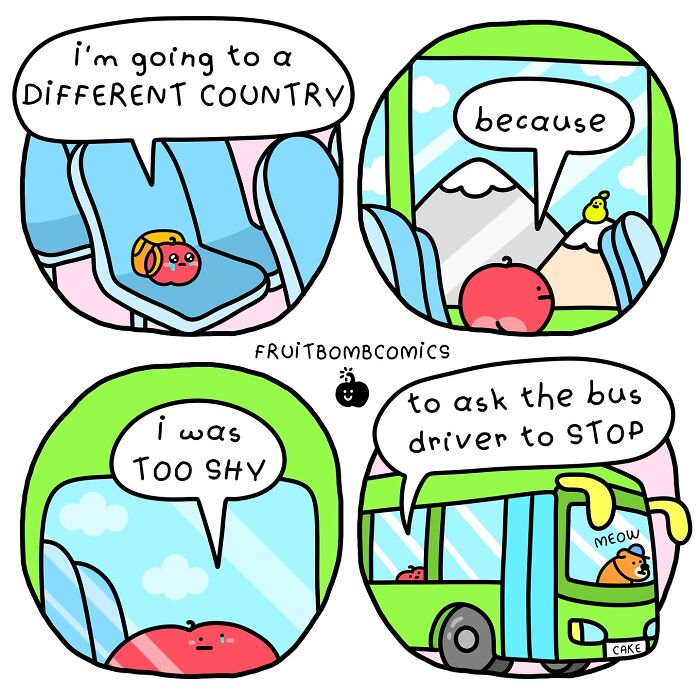 Fun-filled fruit comics featuring a shy fruit character on a bus, using humor as the best source of vitamins.