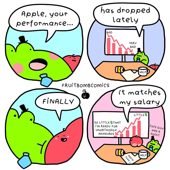 Fruit comics humor showing an apple and frog discussing performance and salary with funny charts and expressions.