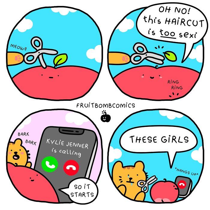 Colorful fruit comics with humorous characters using scissors and a phone call, showcasing fun-filled fruit comic art.