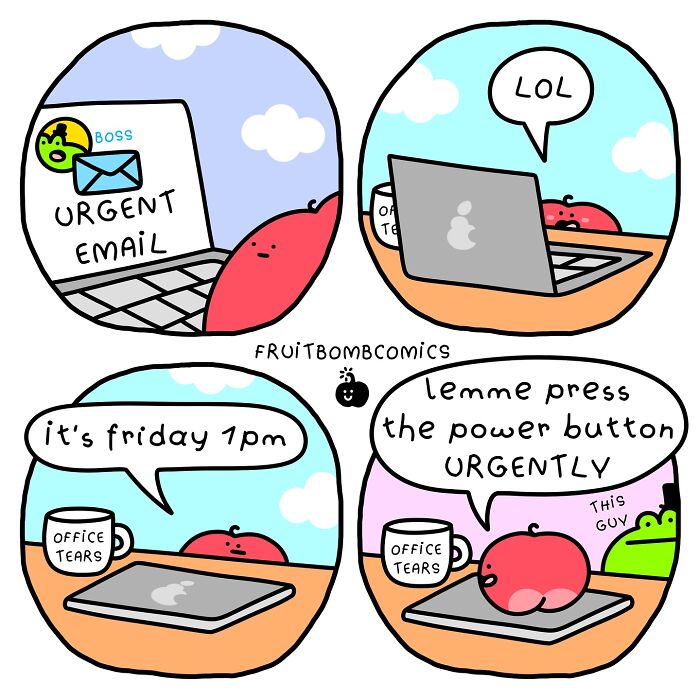 Cute fruit comic by FruitBombComics showing humor and fun in fruit-themed illustrations about work stress and relaxation.