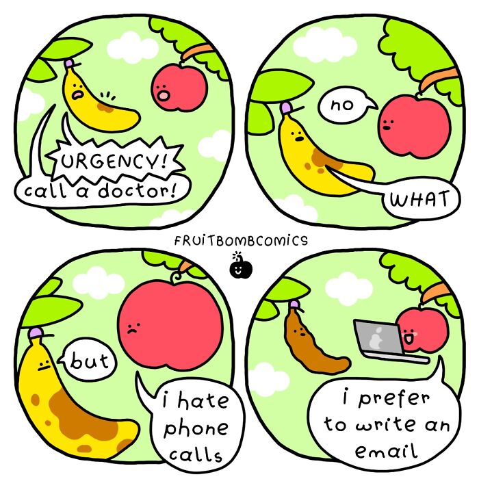 Colorful fruit comics featuring a banana and apple with humor, showcasing fun-filled fruit comics and playful fruit characters.
