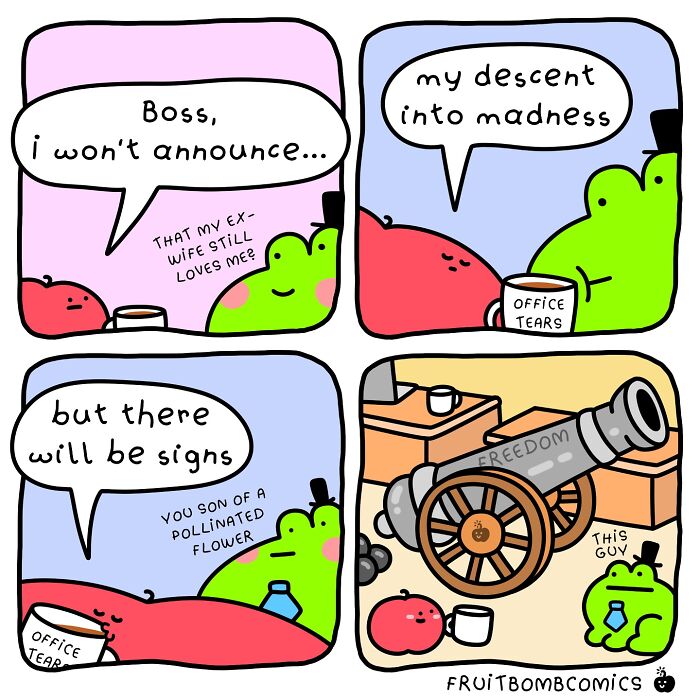 Colorful fruit comic panels showing humorous dialogue about madness and signs, featuring characters with coffee mugs and a cannon labeled freedom.