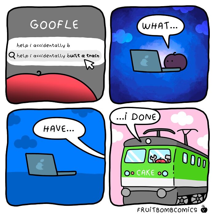 Fruit comics featuring a funny scene of a fruit character accidentally building a green cake train online.
