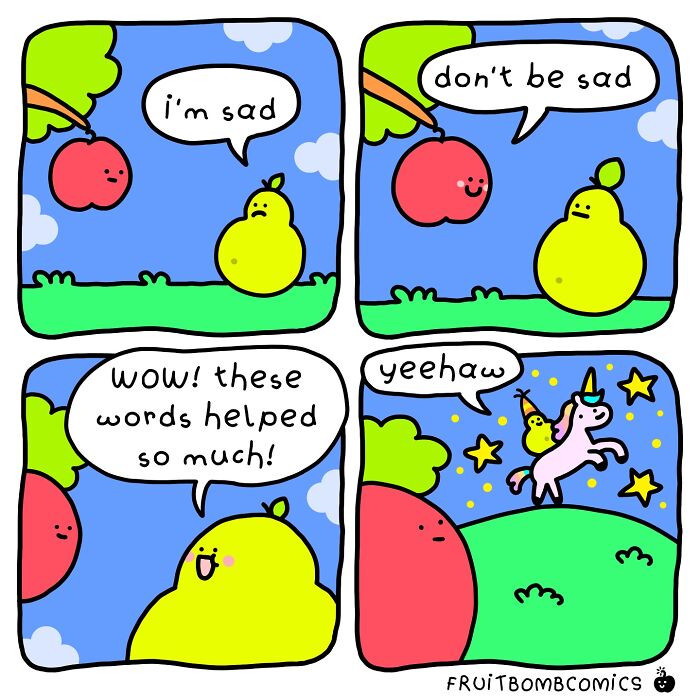 Colorful fruit comics showing a cherry cheering up a sad pear with funny, uplifting dialogue in a bright outdoor setting.