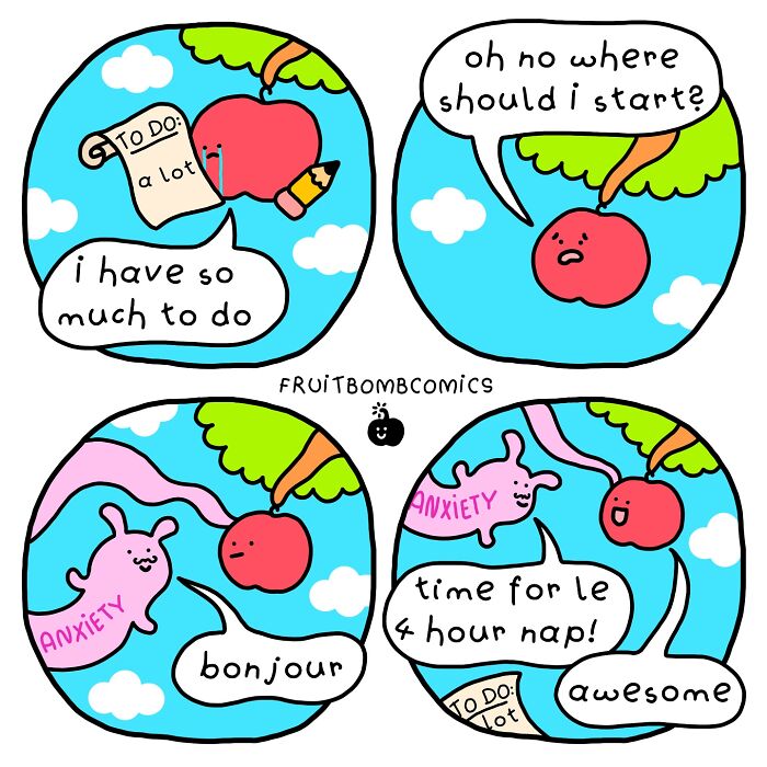Colorful fruit comic panels showing a cherry with anxiety and humor in fun-filled fruit comics artwork.
