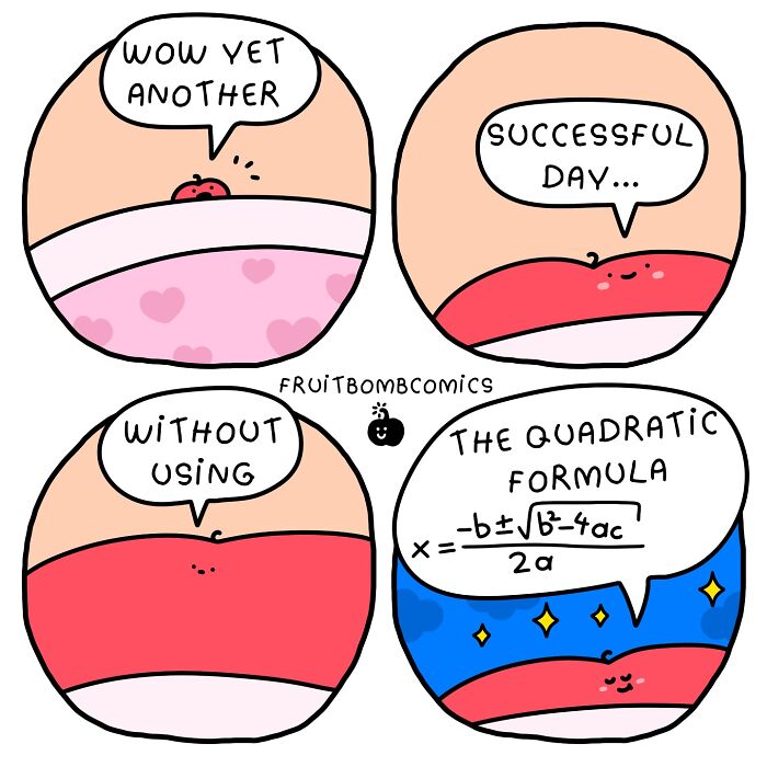 Fun-filled fruit comics showing a smiling character celebrating a successful day without using the quadratic formula.