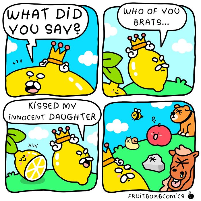 Fun-filled fruit comics by artist showing humorous lemon king confronting a critter in colorful outdoor scene.