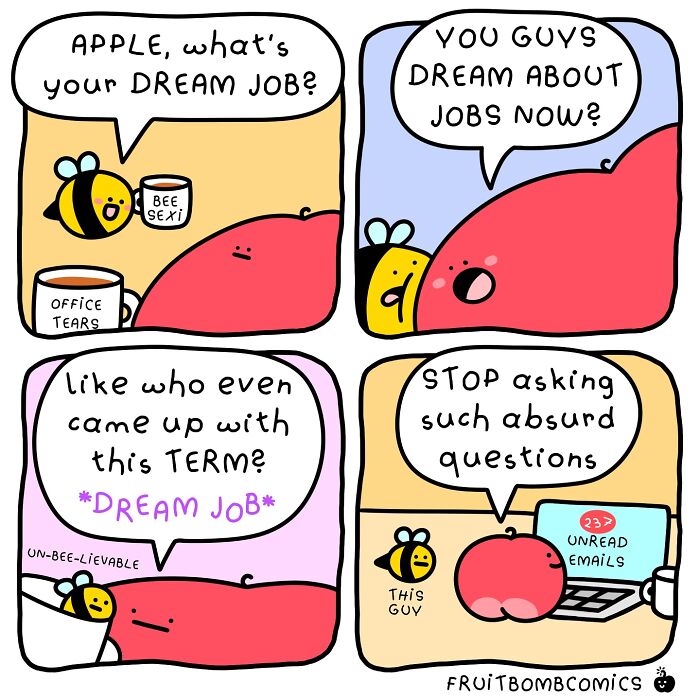 Colorful fruit comic featuring a bee and apple discussing dream jobs with humorous dialogue and office references.