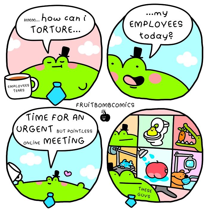 Colorful fruit comics featuring humorous office scenes with a frog character in a tie and top hat.