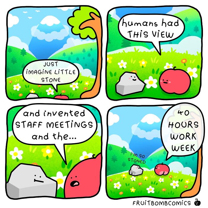 Colorful fruit and stone characters in a fun-filled comic illustrating humor as a source of vitamins and daily life.