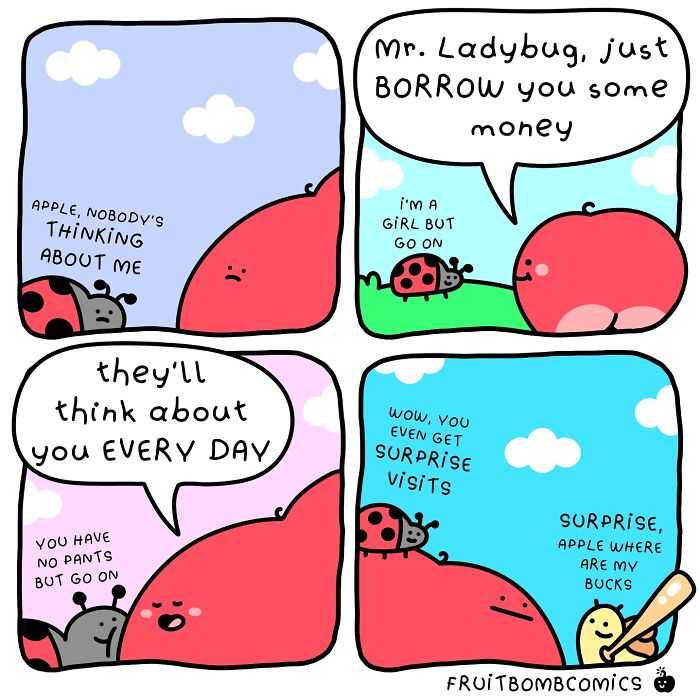 Fruit comics featuring playful apple and ladybug characters with humorous dialogue about daily thoughts and surprise visits.