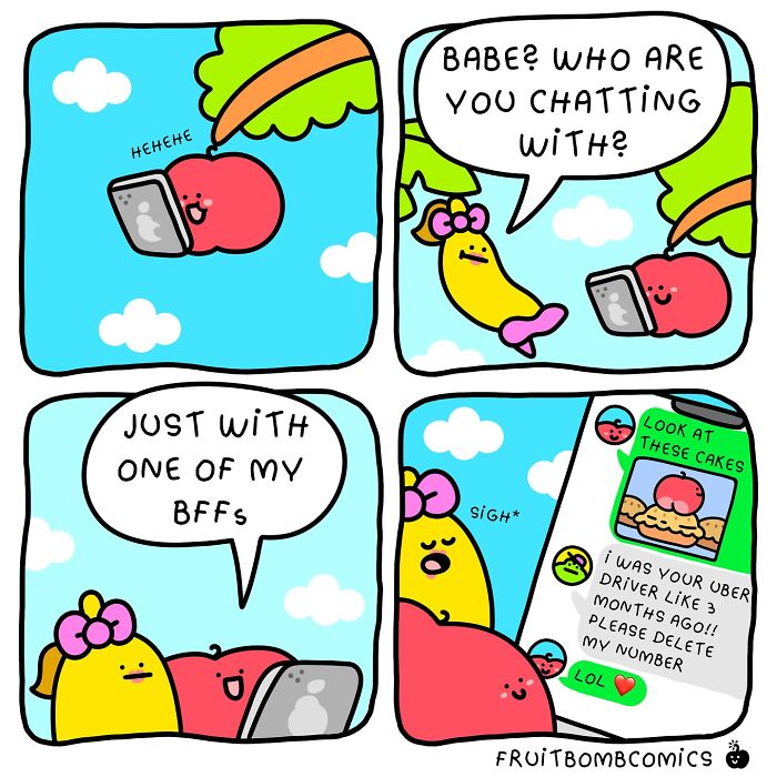 Colorful fruit characters in a humorous comic strip chatting on a phone, showcasing fun-filled fruit comics with playful dialogue.