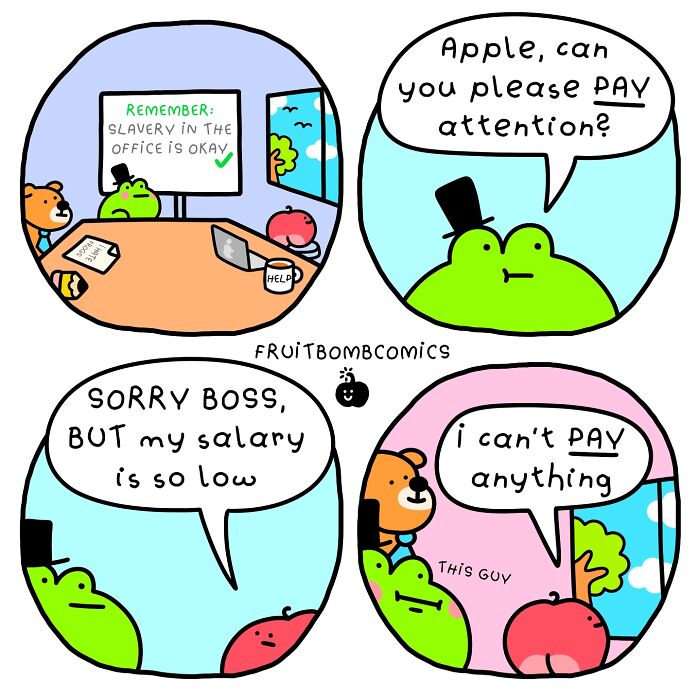 Comic strip featuring fruit characters humorously discussing salary and paying attention in a fun-filled fruit comic style.