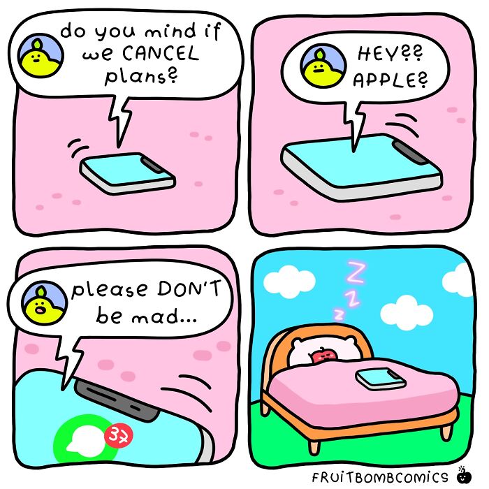 Fruit comic panels showing a phone canceling plans to an apple character with humor and colorful illustrations.