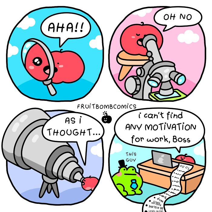 Fruit comics featuring humorous fruit characters using a magnifying glass and microscope to find motivation at work.