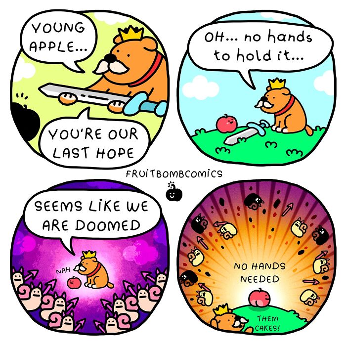 Comic panel of a fruit-themed humorous scene featuring an apple and a crowned dog in fruit comics style.