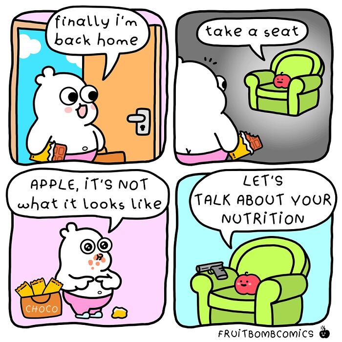 Cartoon bear with chocolate talking to a red apple on a green chair in a fun-filled fruit comics about nutrition.