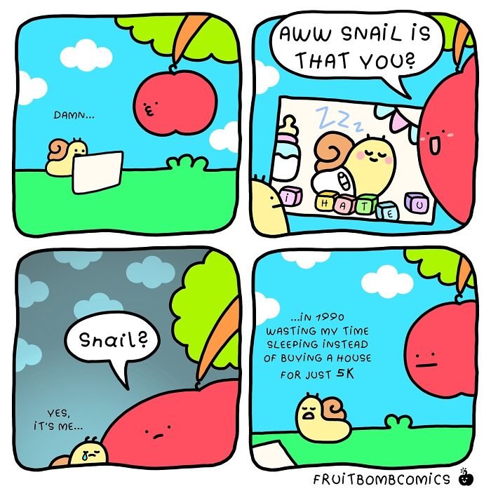 Colorful fruit comics featuring a snail and apple using humor to highlight fun-filled fruit comic art.