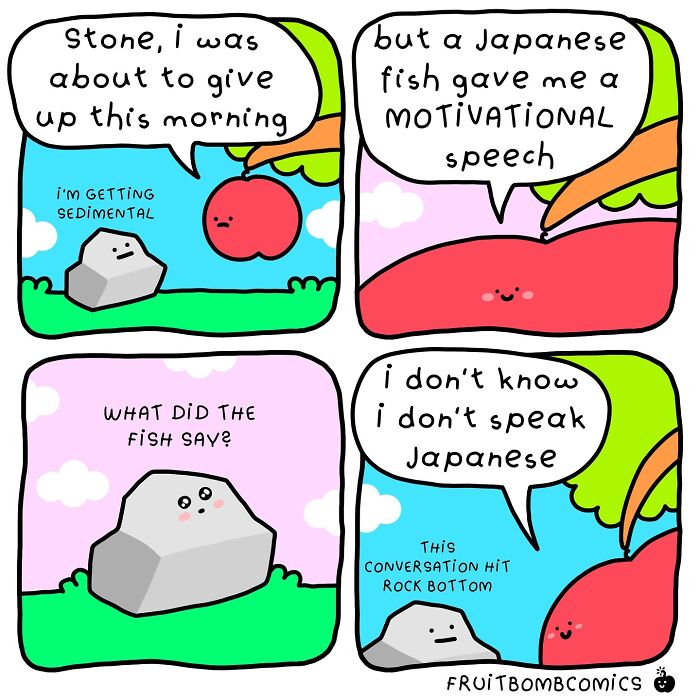 Fruit comics featuring a rock and cherry in a humorous motivational speech about Japanese fish and rock bottom.