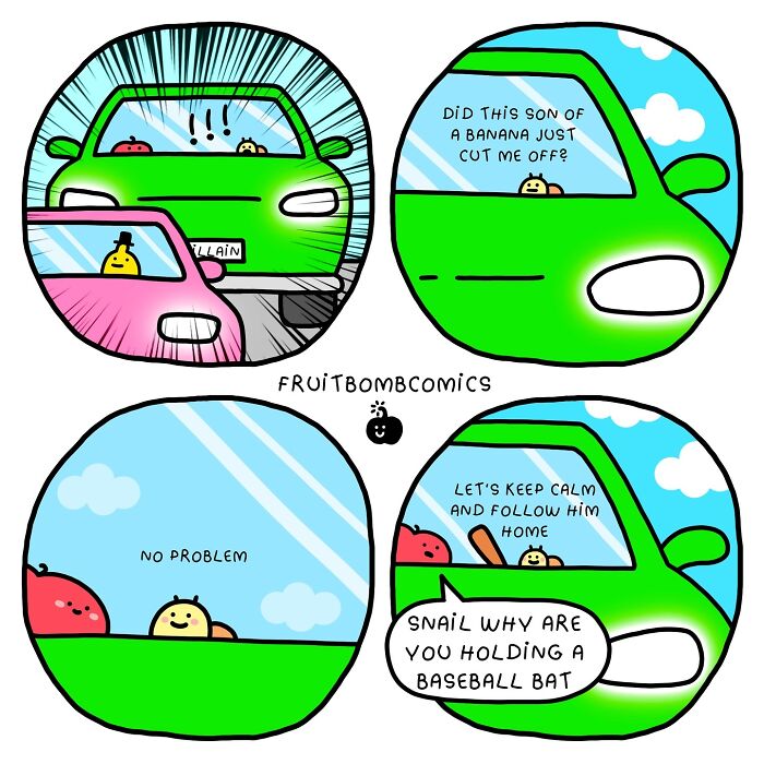 Cartoon fruit characters in cars create a humorous fruit comic strip illustrating funny roadside interactions.
