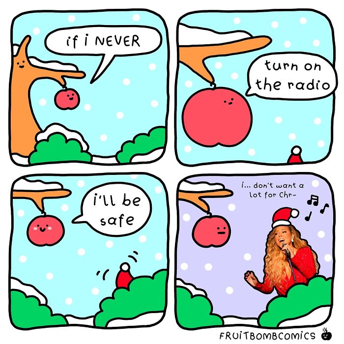Fun-filled fruit comic shows a hand holding a smiling fruit with humorous holiday-themed dialogue and a singing character.