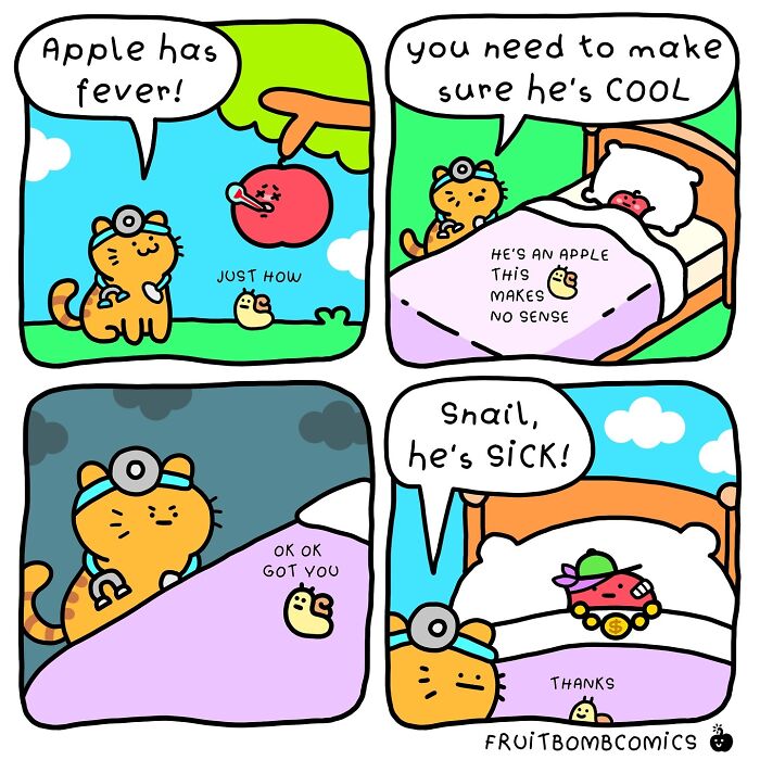 Comic strip featuring a cat doctor treating a sick apple and a humorous fruit-themed scene from fruit comics.