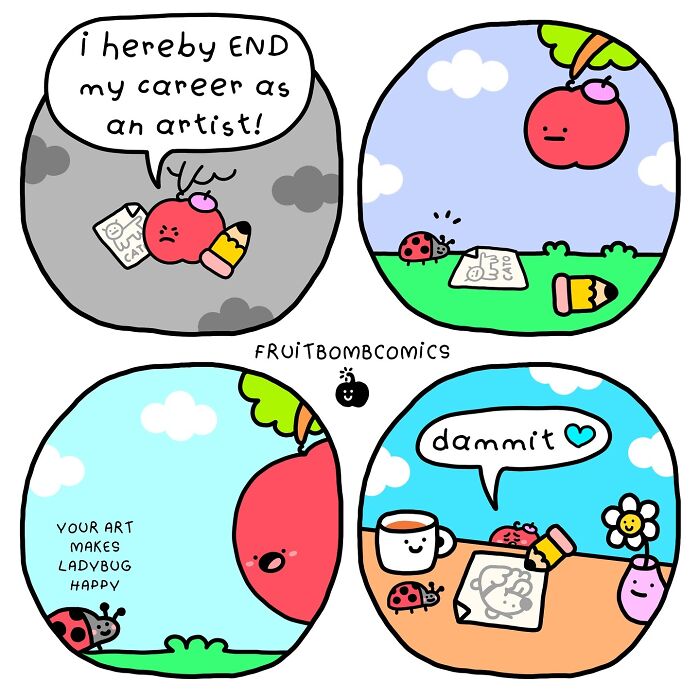 Fruit comics featuring a cherry and ladybug with playful humor about art and happiness in bright colors.