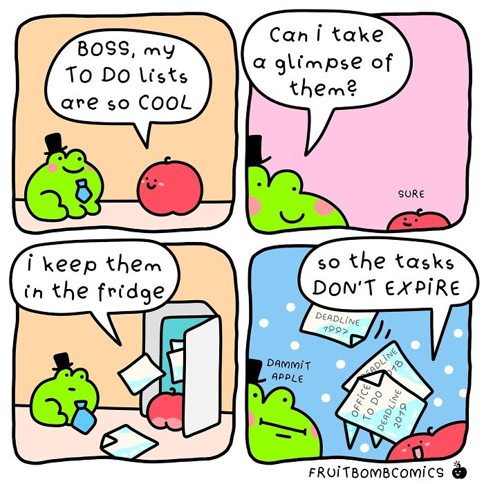 Cartoon of a frog and apple in a fun-filled fruit comic about humor and vitamins with to-do lists in a fridge.