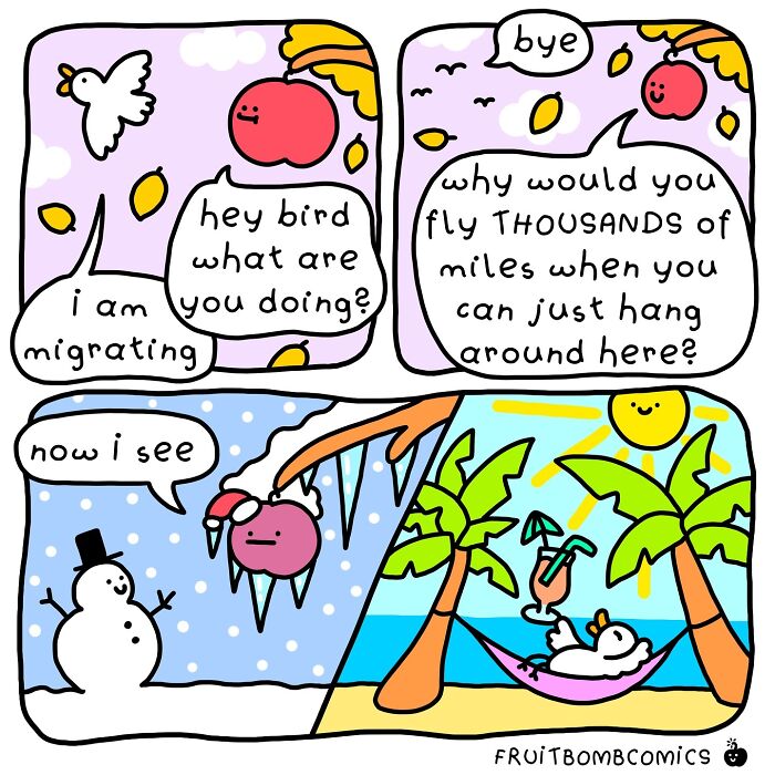 Colorful fruit comic panels showing a fun conversation between a cherry and a migrating bird about travel and seasons.