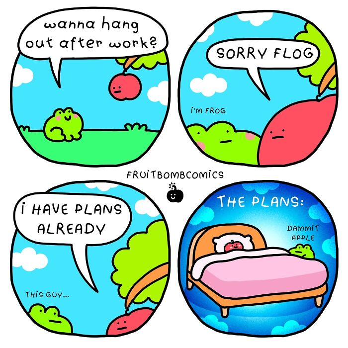 Colorful fruit comics featuring a frog and apple in a humorous scene, showcasing fun-filled fruit comics with playful humor.