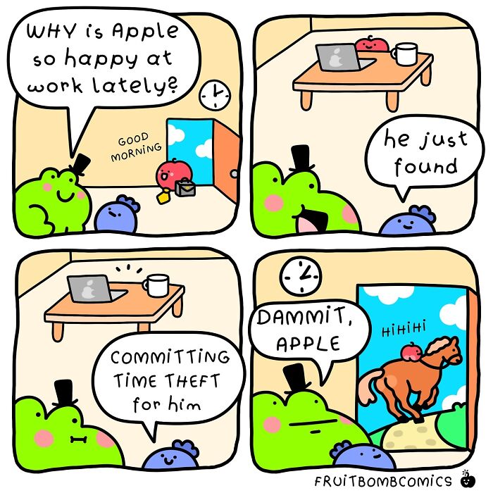 Colorful fruit comic strip featuring an apple and frog using humor to highlight fun-filled fruit comics.