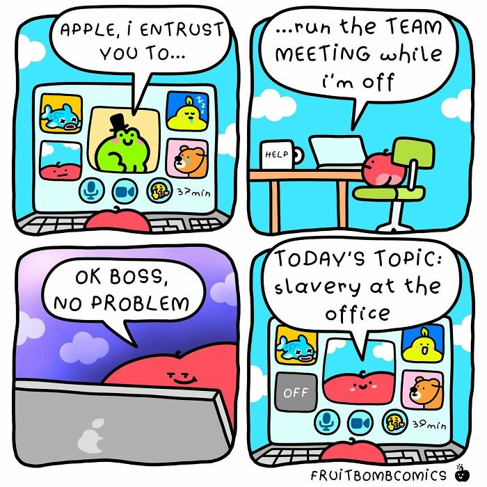 Fruit comics featuring humorous fruit characters in a virtual meeting discussing office topics with playful expressions.