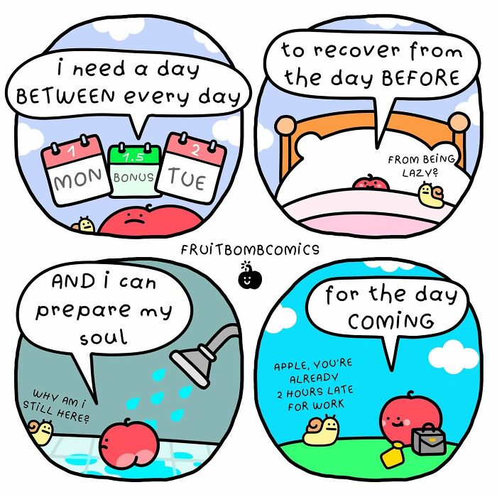 Comic panels featuring fruit characters humorously depicting the need for a day between every day for rest and preparation.