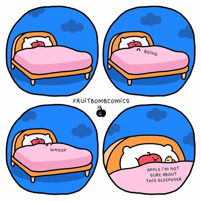 Funny fruit comic panels showing a cute apple character in bed with playful humor from fruit comics.